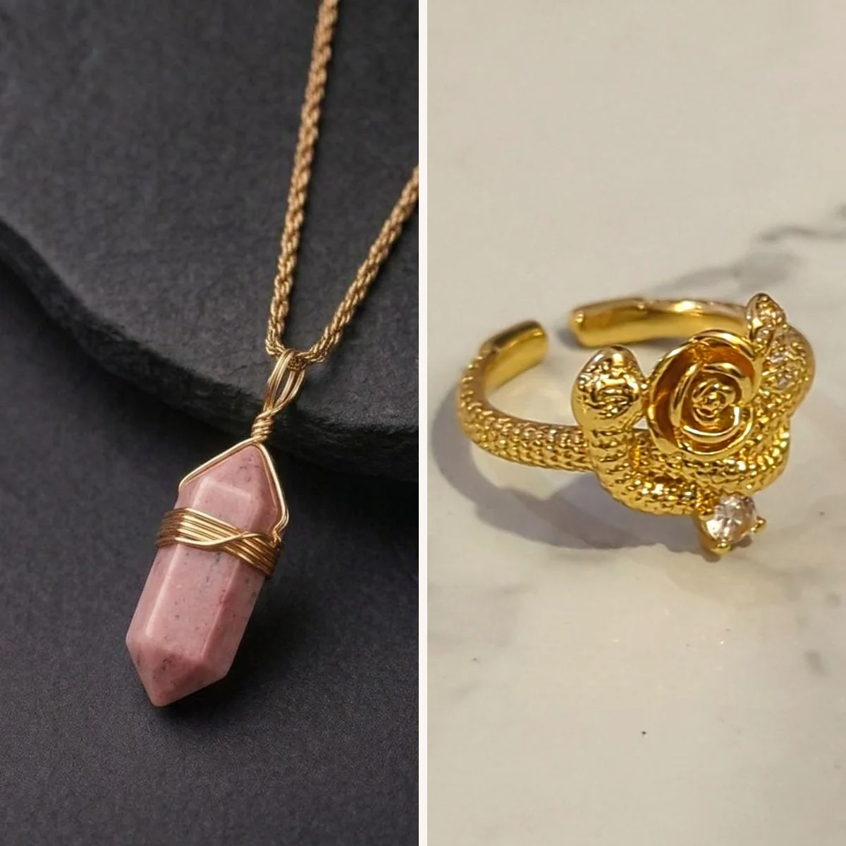 Rose Garden Set — Rose Quartz & Ring — Rose Quartz Pendant + Rose Serpent Ring Set