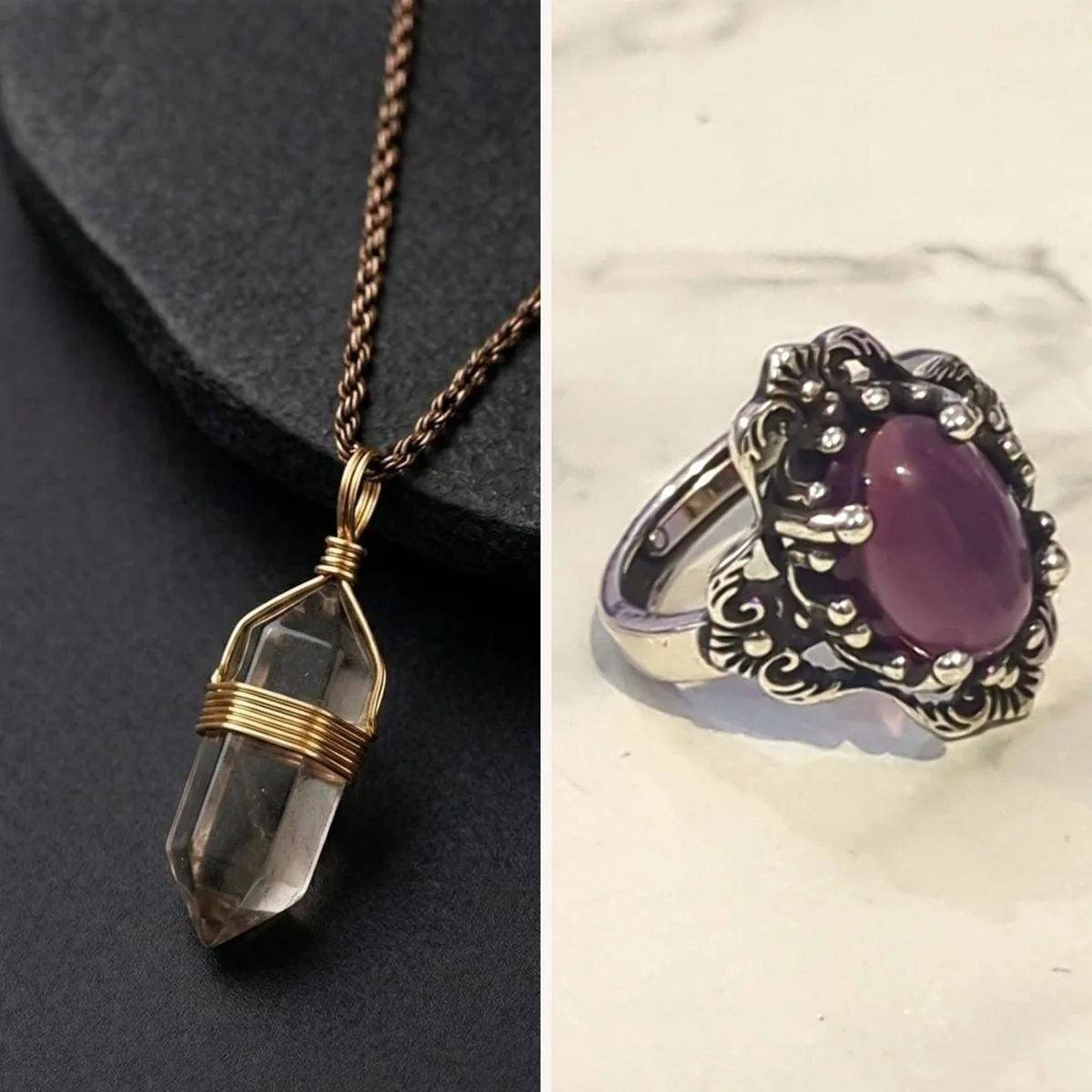Vintage Dusk Set — Smoky Quartz & Ring — Smoky Quartz Pendant + Antique Violet Cabochon Ring Set