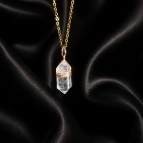 Clear Quartz - Hexagonal Pendant, Golden Platting Alloy Wire Wrapped with Golden Chain